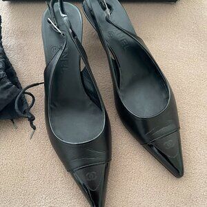 VINTAGE CHANEL CLASSIC Black Leather Sling Back Strap Shoes 39 - 8.5 with Box